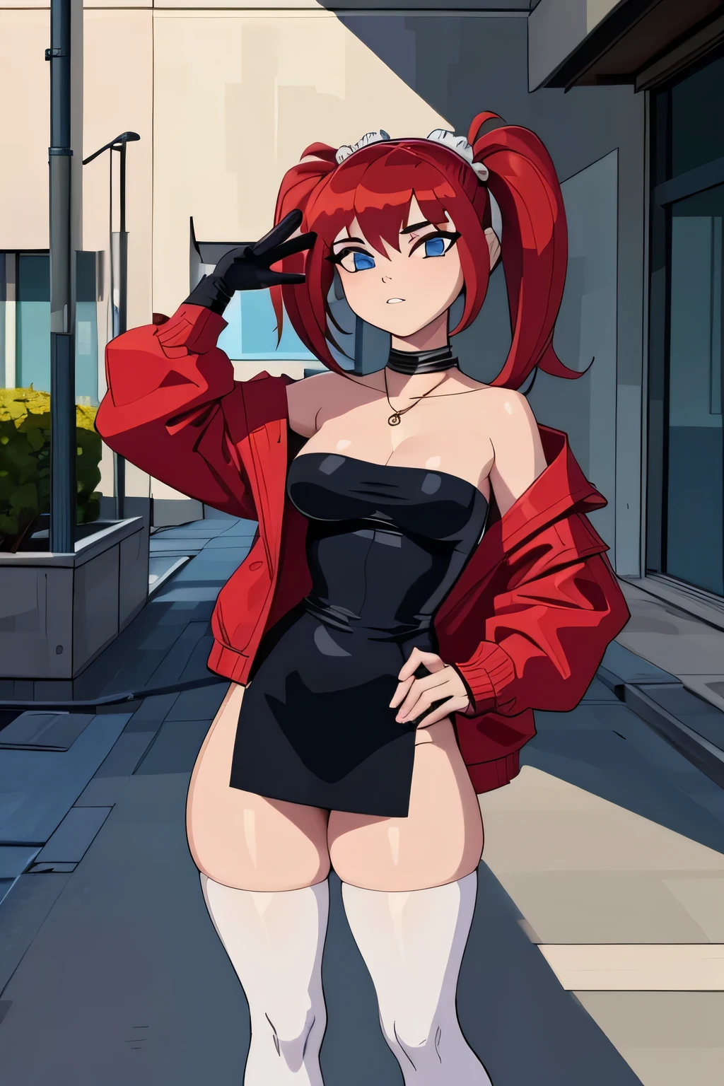 ((masterpiece, best quality)), (8k, best quality), (((best quality))), 1girl, solo, anime style, highly detailed and realistic, good anatomy, photorealistic rendering, a young woman with red pigtails and blue eyes, wearing an unbuttoned red jacket over a black dress, black gloves, and white thigh-high socks. Sunglasses rest on her head. Subtle movement in her hair and jacket, as if a gentle breeze passes by. She stands confidently on a concrete surface with soft shadows, creating a realistic urban setting. The background is simple and indoors with neutral colors. Emphasis on her stylish and modern look, capturing her confident posture, natural proportions, and intricate attire and accessories. Ultra high resolution, perfect anatomy, contemporary style, award-winning illustration, dramatic lighting, hyper-detailed clothing folds, vibrant colors, subtle shadows, score_9, score_8_up, score_7_up, score_6_up, score_5_up, score_4_up, (anime_source)