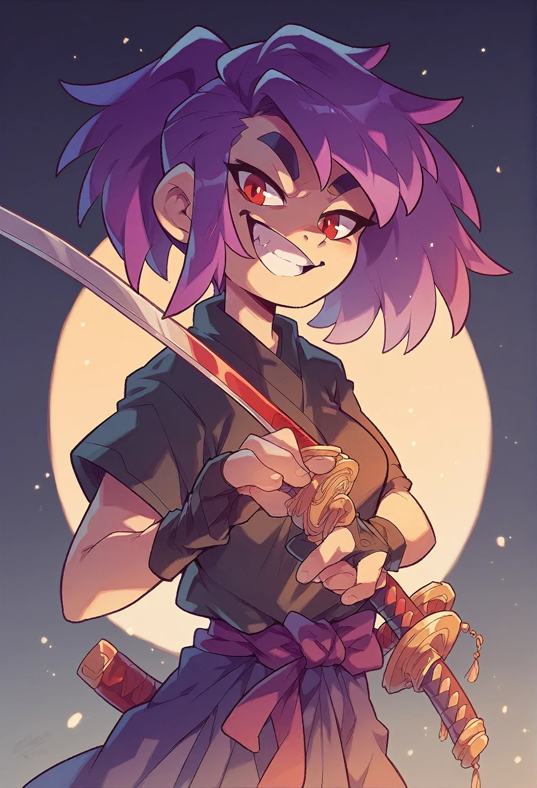 A girl, with a confident smile, purple-haired and red-eyed , using a katana in the hand, hand upgrade ,  details for the character