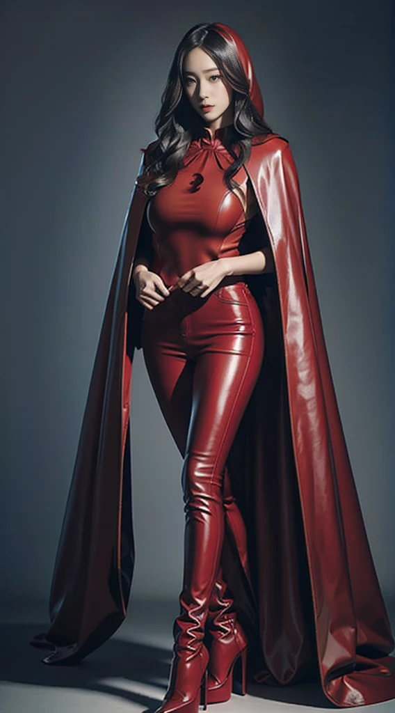 8k HD good quality image. Hot Korean woman has an ideal body, big breast, big butt, sexy wavy body, straight long hair, wearing a red leather jacket, wearing red tight polo, tight skinny blue jeans, and red high heels. Red hood and cape. FULL BODY FROM HEAD TO TOE. FULL HEIGHT FROM HEAD TO TOE. 

The picture must show a complete head to toe picture of the hot Korean