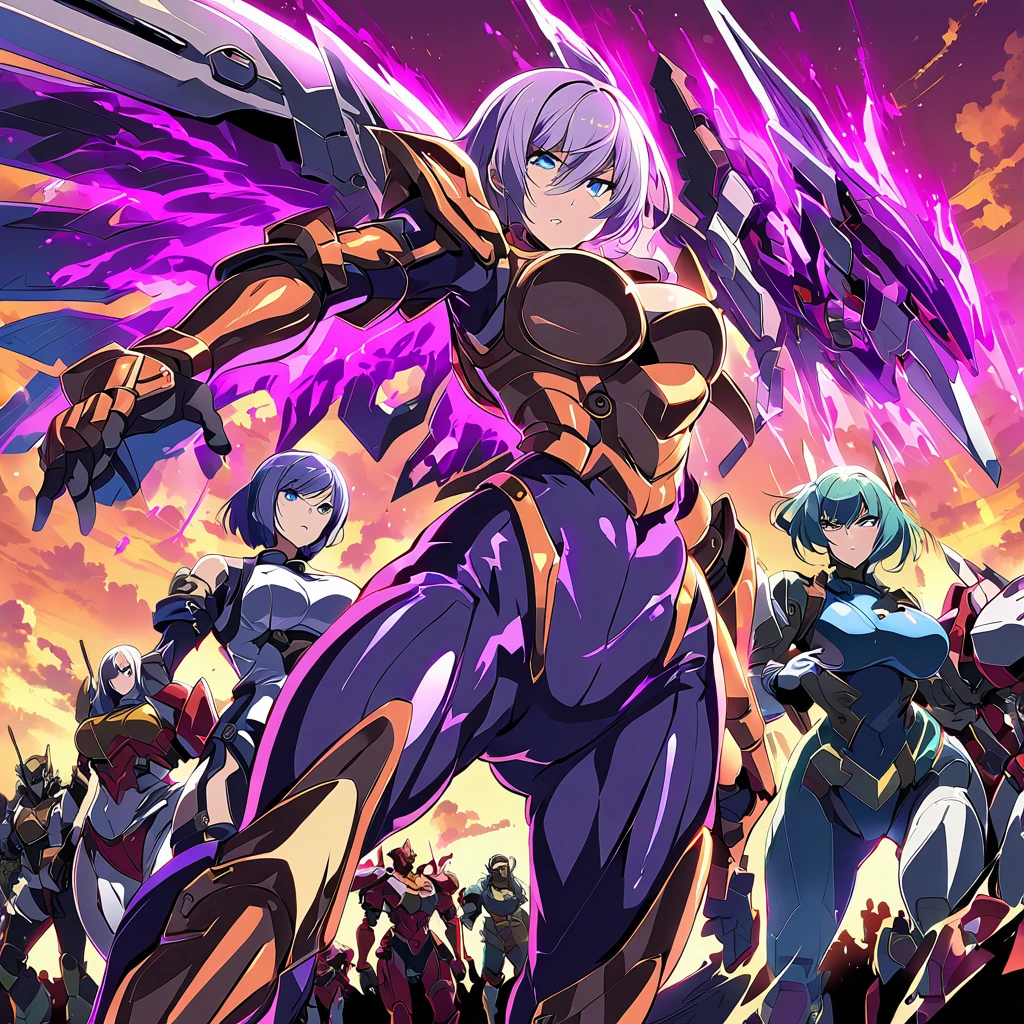 Anime, high detailed, multiple womans, mature womans, shiny-like mecha armor, large mechanical wings, large Gauntlet, serious, curvy body, long mechanical wings, mecha weapons、Colored armors、magenta Colored aura、BLUE Eyes, elongated pupils,  Mature Woman、magenta aura、womans surrounding, background a crumbled city