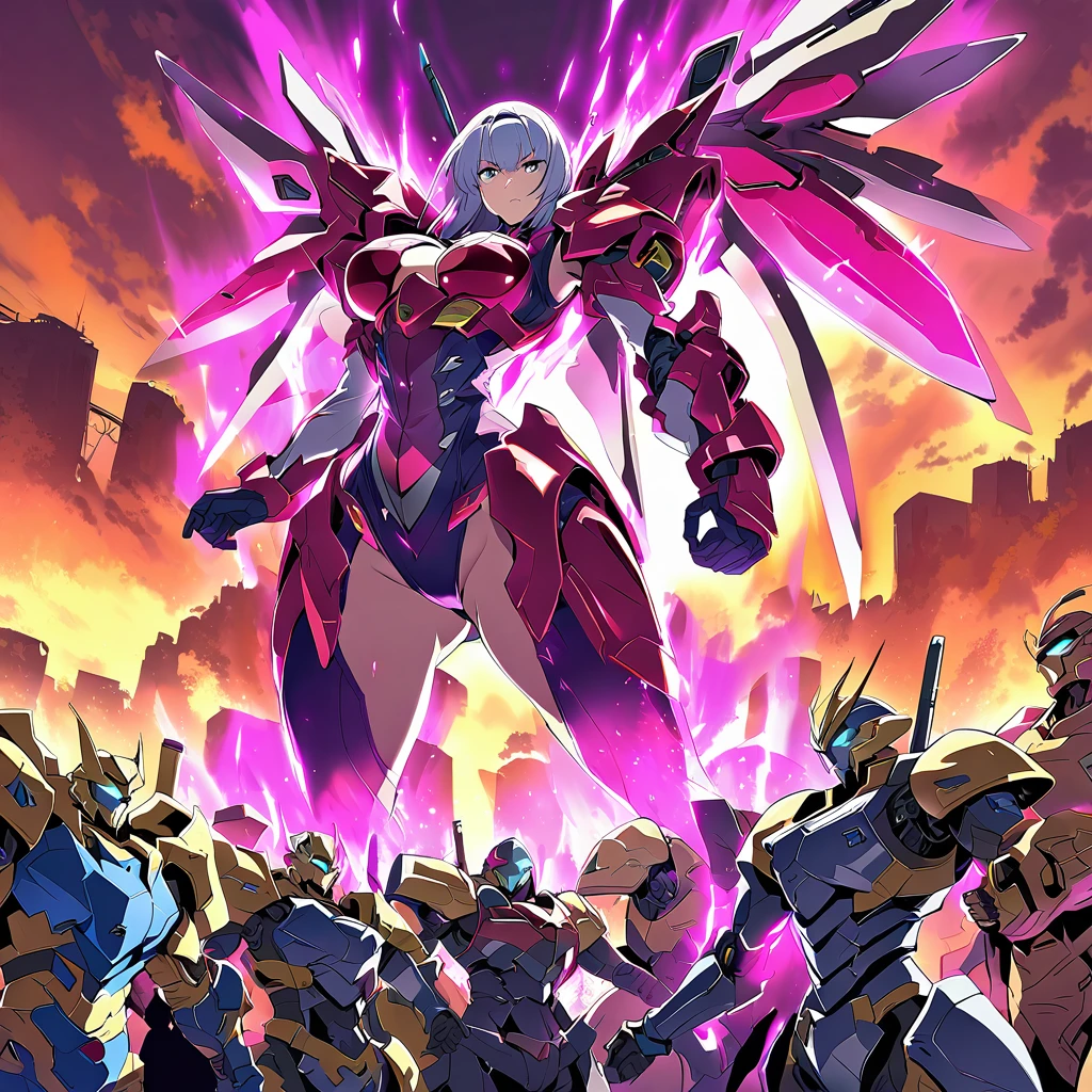 Anime, high detailed, multiple womans, mature womans, shiny-like mecha armor, large mechanical wings, large Gauntlet, serious, curvy body, long mechanical wings, mecha weapons、Colored armors、magenta Colored aura、BLUE Eyes, elongated pupils,  Mature Woman、magenta aura、womans surrounding, background a crumbled city