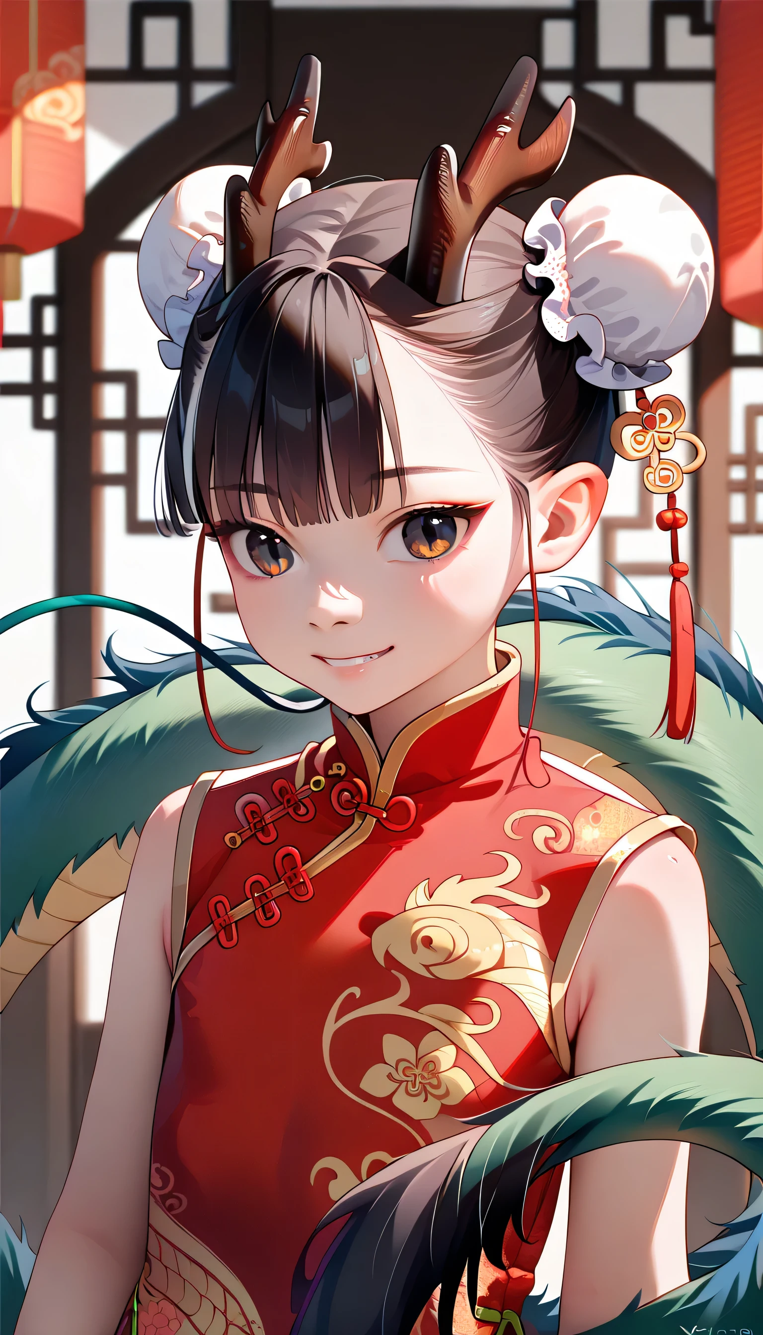 masterpiece, best_quality, ultra_detailed, upper_body, solo_human, (chinese_young_girl, _yeld, paskin, (black_eyes, black_chinese_bun_hair, eastern_dragon_horns, eastern_dragon_tail:1.5), slender, cheongsam, smile), hold_own_tail
