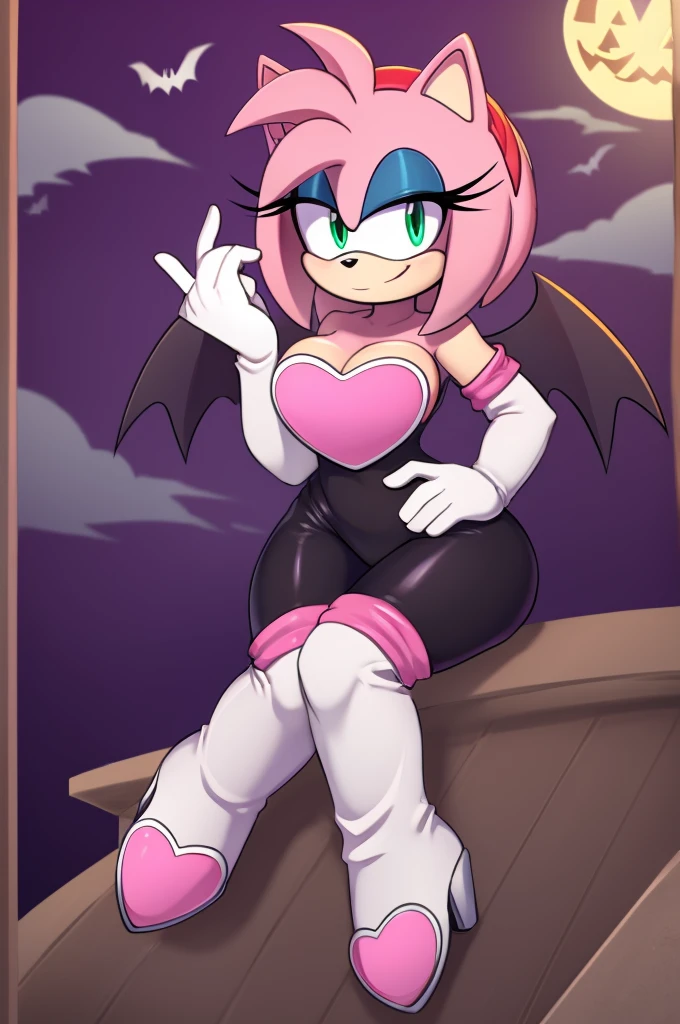 Score_9, score_8_up, 2D, flat color, looking at viewer, (1girl), (solo), very detailed, extremely detailed, Amy Rose from the sonic the hedgehog series, portrait, smile, looking at viewers, hair down, hair bangs, large bust, milf, Rouge cosplay, cosplay, Rouge outfit, she wears a black skin-tight and strapless low-cut jumpsuit, a pink heart-shaped chest plate outlined with thin white trim, elbow-length white gloves and thigh-high high-heeled boots with pink cuffs to match them, with the latter featuring both gray soles and heels, along with steel toes in the appearance of pink hearts, sitting on a castle window on Halloween night, with a Jack-o-lantern pumpkin, full moon