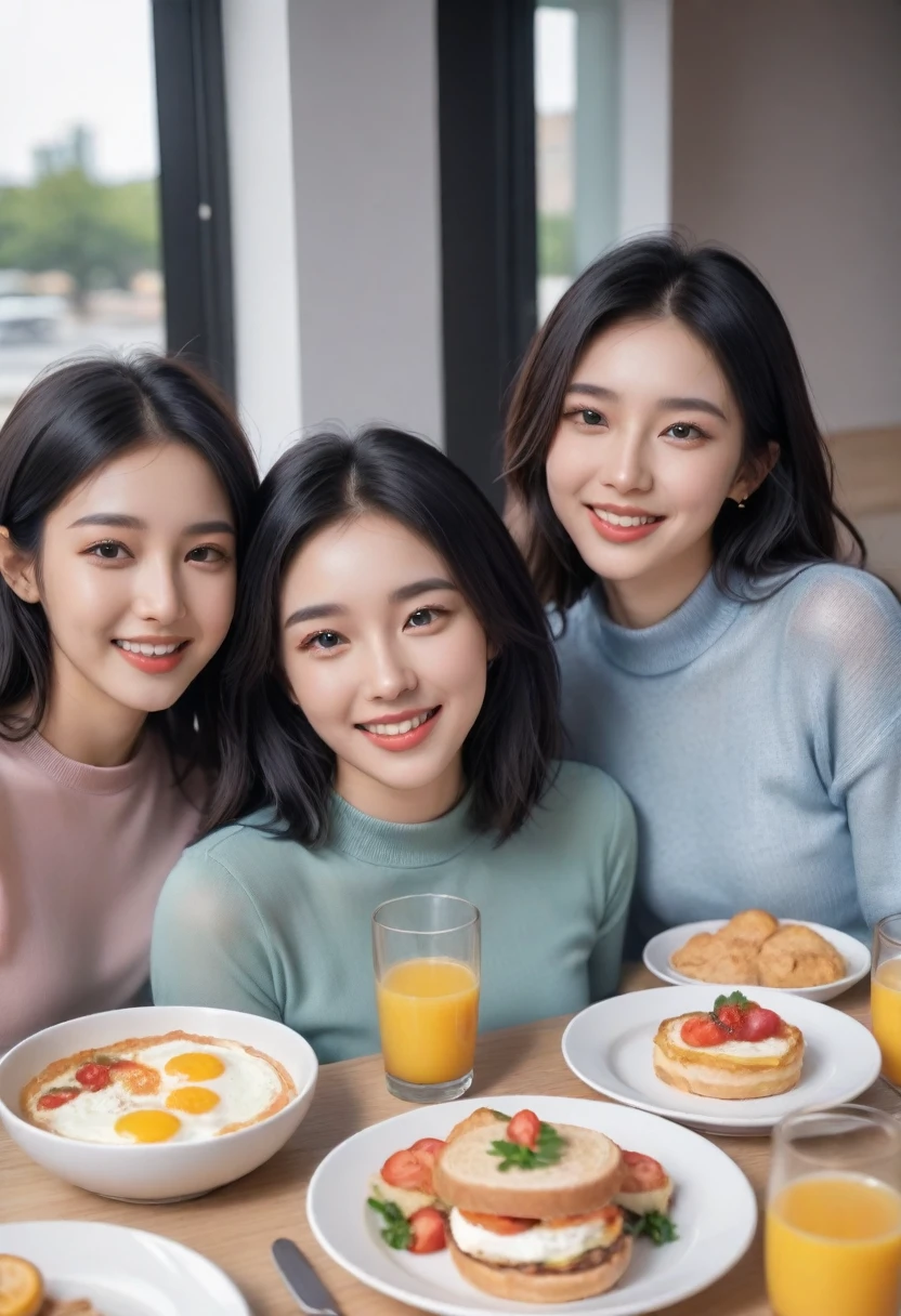 Female friends eat brunch together, Smile and joy, happiness, friendship, Many details