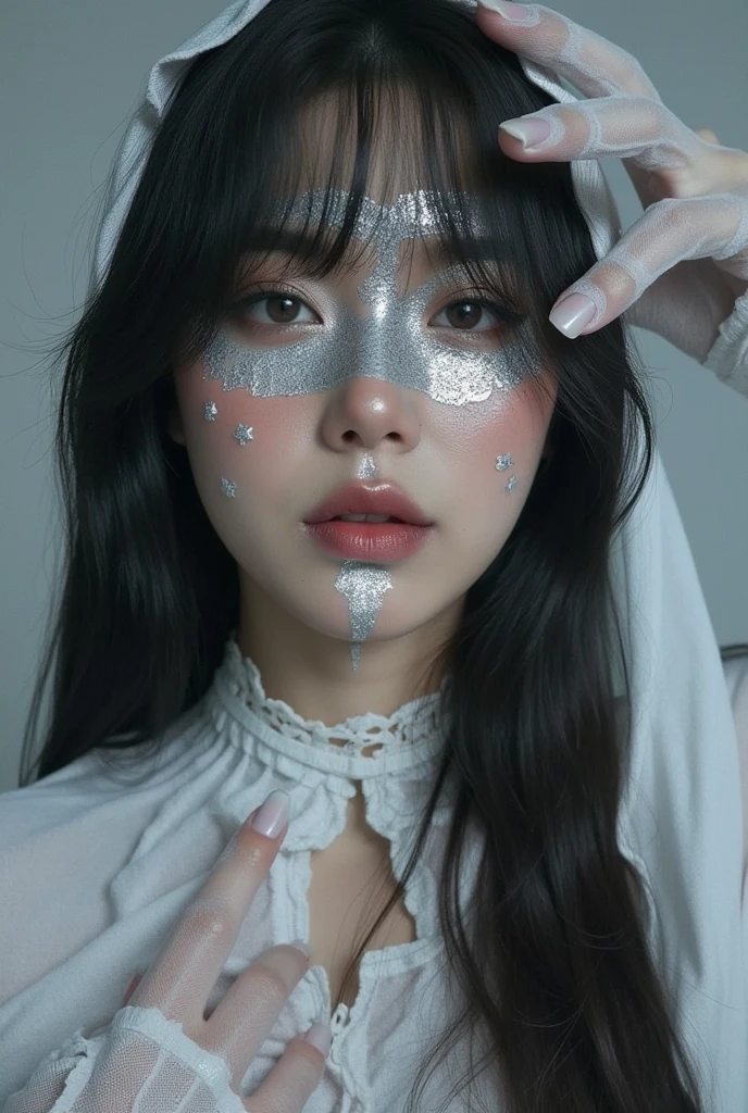 halloween_beauty, a Vietnamese woman in a ghost costume, with shimmering silver makeup across her lips and cheeks, while eerie hands hover nearby.