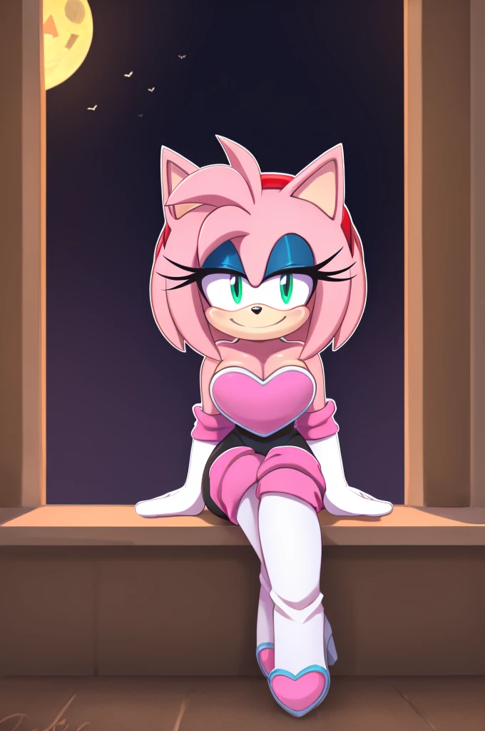 Score_9, score_8_up, 2D, flat color, looking at viewer, (1girl), (solo), very detailed, extremely detailed, Amy Rose from the sonic the hedgehog series, portrait, smile, looking at viewers, hair down, hair bangs, large bust, milf, Rouge cosplay, cosplay, Rouge outfit, she wears a black skin-tight and strapless low-cut jumpsuit, a pink heart-shaped chest plate outlined with thin white trim, elbow-length white gloves and thigh-high high-heeled boots with pink cuffs to match them, with the latter featuring both gray soles and heels, along with steel toes in the appearance of pink hearts, sitting on a castle window on Halloween night, with a Jack-o-lantern pumpkin, full moon