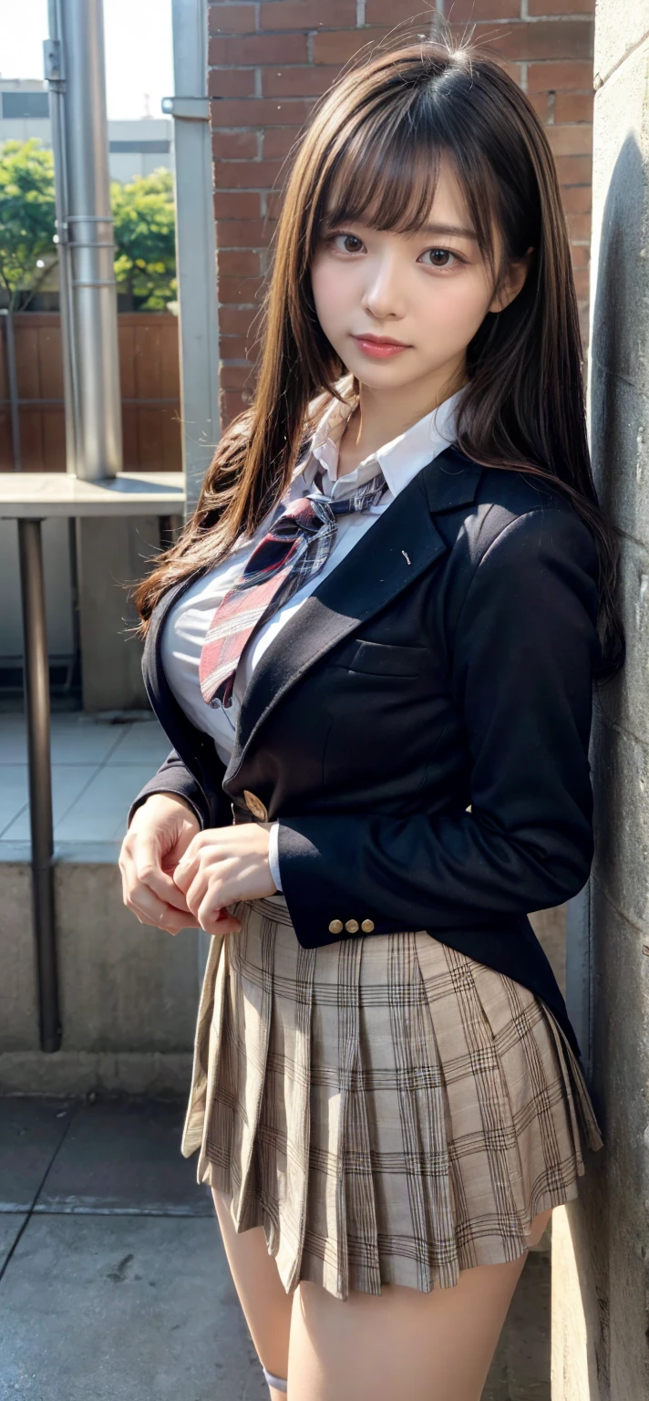masterpiece, best quality, illustration, Super detailed, fine details, High resolution, 8K,wall paper, perfect dynamic composition,(Details High quality, realistic depiction of eyes:1.3), from side, High School Classroom、High school girl uniform、blazer 、Super Short Check Uniform Skirt、Navy blue high socks、garterbelts、plump breasts, Disturbed uniform, (updo:1.2), black hair color, large breasts, Big Natural Color Lip, bold sexy pose, (perfect body shape), crying a little、20 year old girl、cute type, beautiful legs, hposing Gravure Idol, Voluptuous thighs
