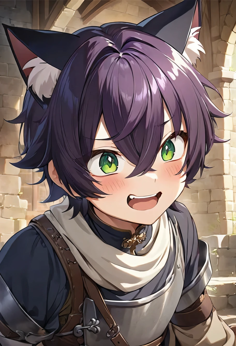 anime style boy, green eyes, cat eyes, short hair, dark purple hair, cat ears, funny expression, beautiful, ultra detailed, ultra quality, medieval style.