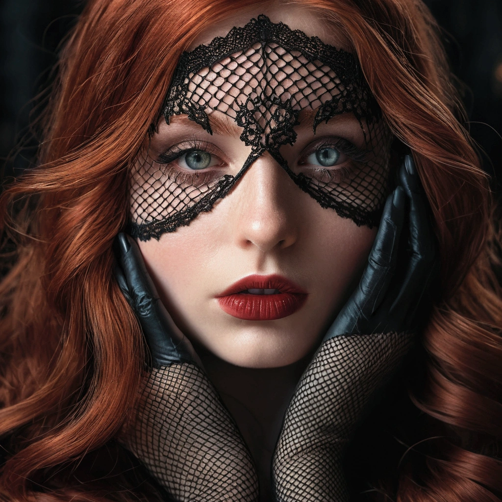 woman with pale skin, red hair and a red blindfold covering her eyes in a horror scene