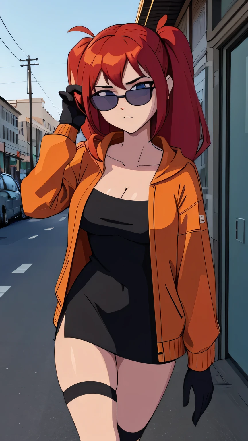 ((masterpiece, best quality)), (8k, best quality), (((best quality))), MylesPrower, Miles Prower, ((good anatomy)), A highly detailed and realistic 3D model of a young woman standing confidently in front of an orange wall. She has red hair styled in pigtails and blue eyes. She is wearing an unbuttoned red jacket over a black dress, black gloves, and black thigh-high socks. She has a pair of sunglasses resting on her head. The model should include subtle movement in her hair and the fabric of her jacket, as if a gentle breeze were passing by. The scene is set on a concrete surface with shadows cast on the ground, providing a realistic urban setting. The background should be simple and indoors with neutral colors. The model should be photorealistic and highly detailed, showing the character's stylish and modern look. Make sure the model captures her confident posture and natural proportions, with special attention to the details of the outfit, score_9, score_8_up, score_7_up, score_6_up, score_5_up, score_4_up, (anime_source), ((masterpiece, best quality)), (8k, best quality), (((best quality))), 1girl, solo, anime style, highly detailed and realistic, good anatomy, photorealistic rendering, a young woman with red pigtails and blue eyes, wearing an unbuttoned red jacket over a black dress, black gloves, and white thigh-high socks. Sunglasses rest on her head. Subtle movement in her hair and jacket, as if a gentle breeze passes by. She stands confidently on a concrete surface with soft shadows, creating a realistic urban setting. The background is simple and indoors with neutral colors. Emphasis on her stylish and modern look, capturing her confident posture, natural proportions, and intricate attire and accessories. Ultra high resolution, perfect anatomy, contemporary style, award-winning illustration, dramatic lighting, hyper-detailed clothing folds, vibrant colors, subtle shadows, score_9, score_8_up, score_7_up, score_6_up, score_5_up, score_4_up, (anime_source),