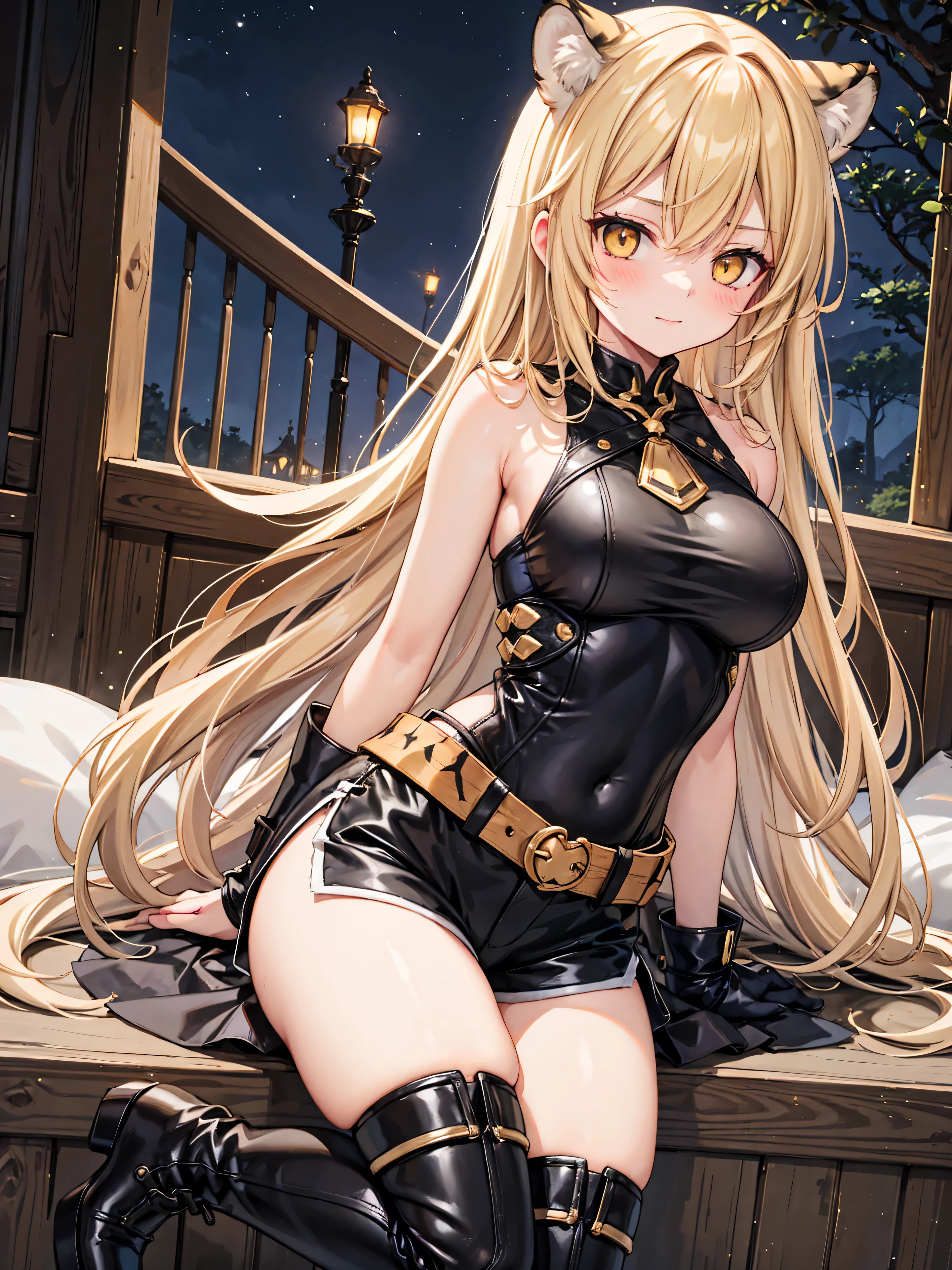 anime screencap, city, 1girl, yami, solo, long hair, blonde hair, red eyes, looking at the viewer, lustful, closed mouth, ass, wide hips, short top, short shorts, unbuttoned shorts, spread legs, erotica, back