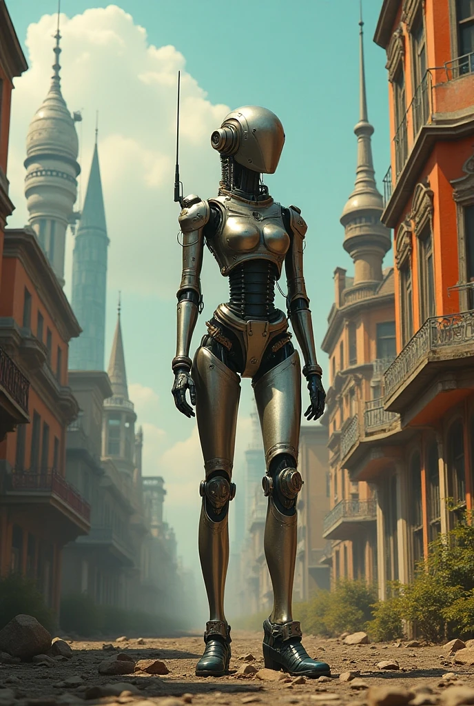 (masterpiece:1.2,high quality), 1girl, ((ultra realistic details)), global illumination, shadows, Unreal Engine, octane render, 8k, ultra sharp, metal, intricate, ornaments detailed, highly intricate details, yellow eyes, (mechanical body:1.2), white hair, (black gas mask), Gear, bob cut, hundreds of wires, Terran, (Robot, android:1.15), Apocalypse, broken buildings, full body, whole body. 1solo (girl). standing, hands on hips full body, whole body. choker, big belt, view from below, feet together, bracers, tiara (( exposed her pussy))(( naked pussy)((nude bottom)