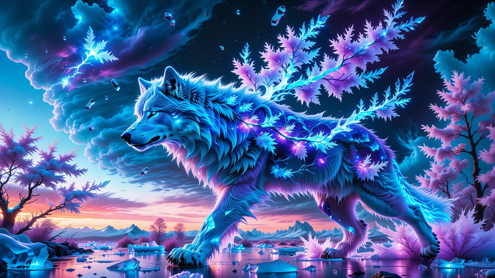 A Masterpiece In 32K Resolution, Supreme Quality, Super Detail, Official Art, Very High-Resolution 32K Wallpaper, Beautiful And Aesthetic, Ultra-Detailed Features, Awe-Inspiring Detail. Towering Bioluminescent Trees Stretch Into A Purple Sky, Their Branches Pulsing With Electric Blue Light. Rising From The Depths Is A Colossal Ice Wolf, Its Body Covered In Frozen Armor-Like Fur. Massive Paws Unfold From Its Sides, Glinting In The Light, Its Frosty Breath Leaving Trails Of Sparkling Ice In The Air. Giant Floating Beasts Drift Through The Air, Their Silhouettes Blending With The Exotic Landscape.