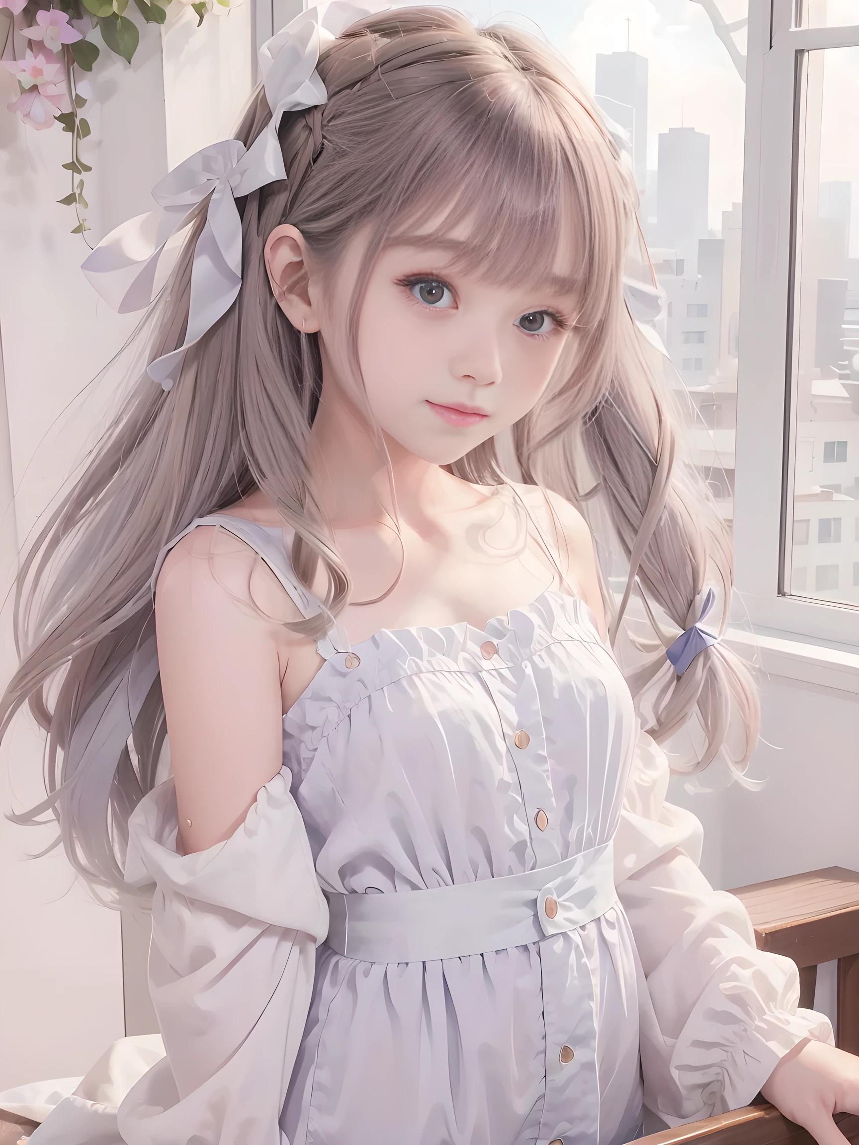 (masterpiece、Best Quality、Best Quality、beautiful, beautiful:1.2)、 simple background、From afar、（Watercolor 1.5）、 curly hair、 half up twin tail、 Hair Ribbon、 1 girl、smile、( fractal art :1.3)、Blonde、Silk camisole、