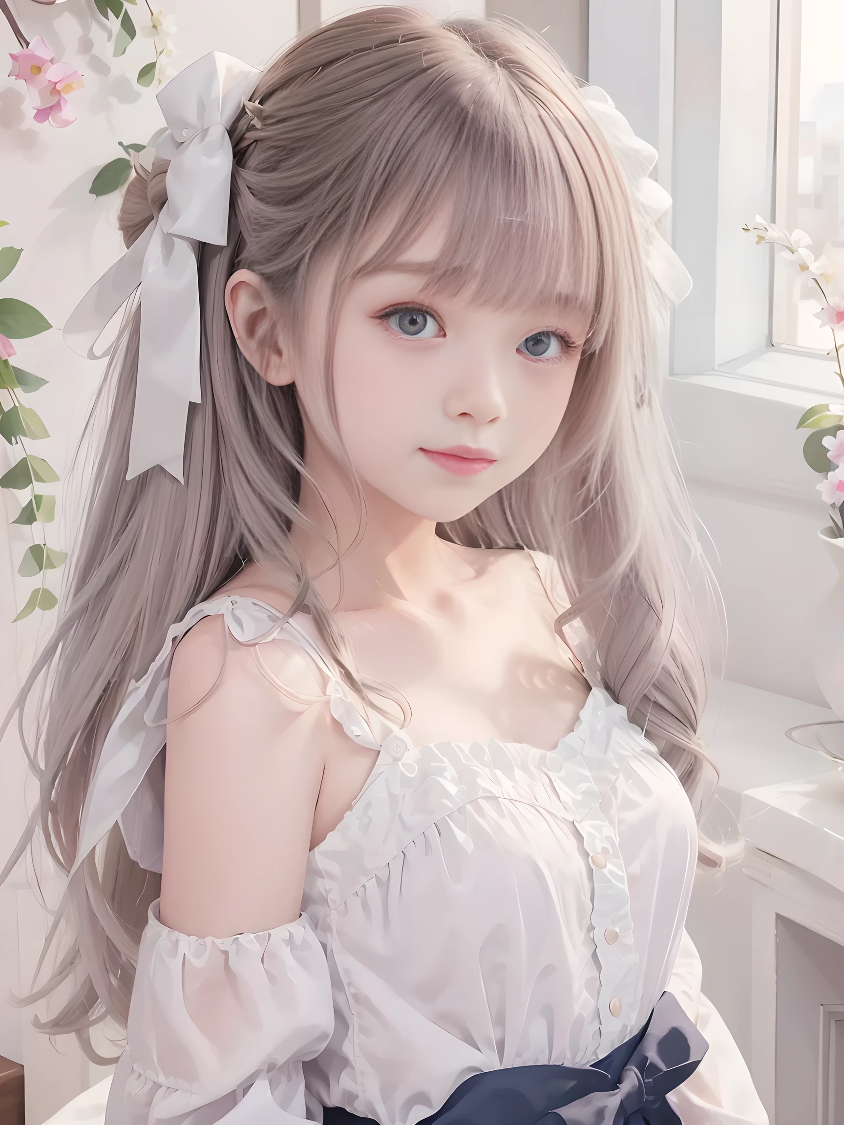 (masterpiece、Best Quality、Best Quality、beautiful, beautiful:1.2)、 simple background、From afar、（Watercolor 1.5）、 curly hair、 half up twin tail、 Hair Ribbon、 1 girl、smile、( fractal art :1.3)、Blonde、Silk camisole、