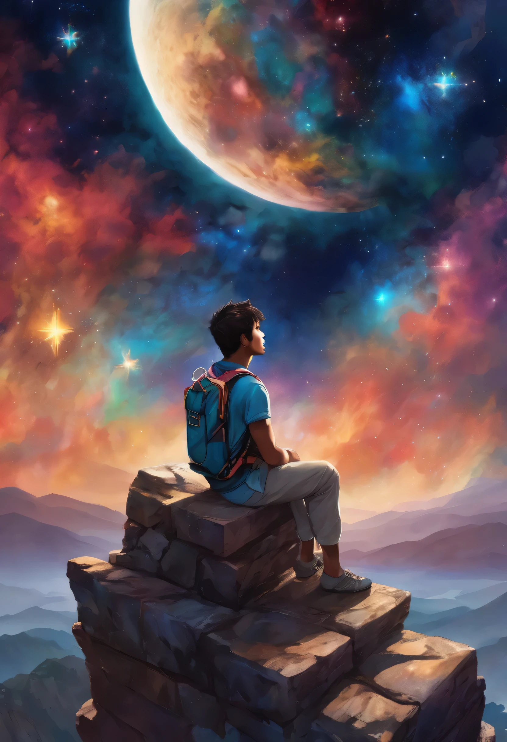  The camera captures the serene scene from behind the chiseled, handsome young man, who sits atop a rugged mountain peak, surrounded by ancient stone ruins, showcasing the stunning galaxy view, vibrant stars, and swirling clouds of gas and dust in the night sky. His elaborate attire, adorned with intricate patterns and vibrant colors, seems to shimmer in the soft, lunar light. He gazes upwards, his eyes fixed on the stars, his headphones still on, adding a sense of relaxed casualness to the scene. The image is a breathtaking blend of peace and wonder, expertly capturing the serene beauty of a night under the stars, with the young man's athletic build and confident demeanor subtly implied.