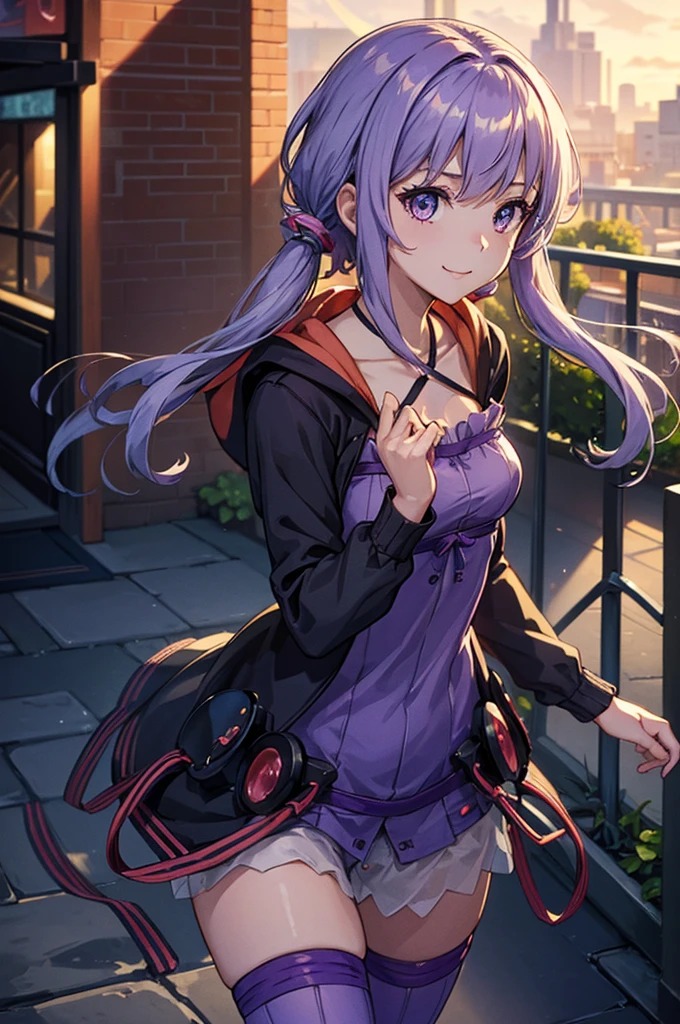 (Masterpiece, Ultra-high resolution, 8k, High Quality, Top quality, High-Detailed, Detailed CG, Cinematic Shadow:0.5, Beautiful Detailed Eyes, Ultra Resolution, Depth of Field, High Resolution, Masterpiece: 1.2), (Anime Art style), (cowboy shot), (amusement park), yuzuki yukari, ahoge, hair ornament, hooded jacket, rabbit hood, long sleeves, purple dress, halterneck, purple thighhighs, Small breasts, beautiful breasts, walking, happy, smile,