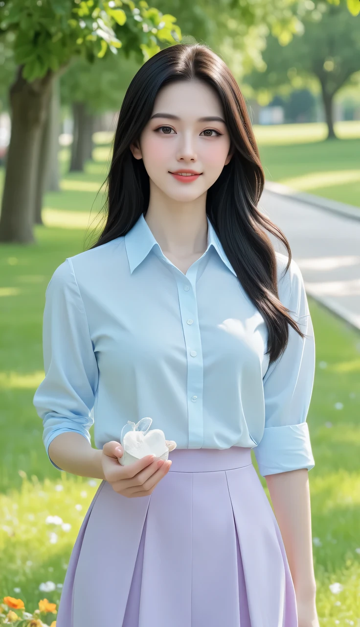 Tabletop, Highest quality, Very detailed, In detail, High resolution, 8k wallpaper, Beautiful big eyes,Black-haired、17 years old, Slender body、爽やかなsmile、Shows the whole body down to the waist、Very beautiful face,Very well-formed face、With sunflowers in the background、A beautiful girl wearing a short-sleeved dress shirt、smile、