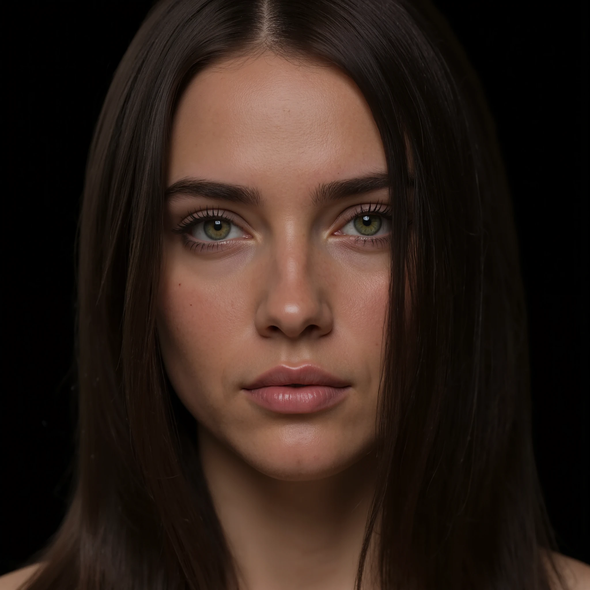 ((RAW Photo), absurd, ((absurdresolution)), masterpiece, best quality, (Extremely detailed 8k unity CG wallpaper), Realistic-lighting, beautiful detailed glow, ((30 years old)), (her early 30's age), long-straight-hair, brunette, ((porcelain pale-skin: 1.5)), (realistic beautiful American-woman), Angled-Pigmented-Eyebrows, False-eyelashes, (((chartreuse-green-eyes))), upturned-nose, almond-eyes, High-Cheekbones, oval-face, plump-lips, cupid's-bow-Mouth. (close-up portrait of a woman with a raw, neutral expression, high contrast against a deep black background:1.8), (masterpiece quality:2.0), (highly detailed:1.7), (cinematic lighting with soft focus on the eyes:1.6), (natural skin texture with subtle freckles:1.4), (emphasizing facial features:1.5), (intense gaze capturing the moment:1.3), portrait, black background, epic, dynamic shadows, cinematic lighting, key-light, (well lit: 1.5), vivid-color, Detailed, HD, HDR, High Quality, High Resolution, Masterpiece.