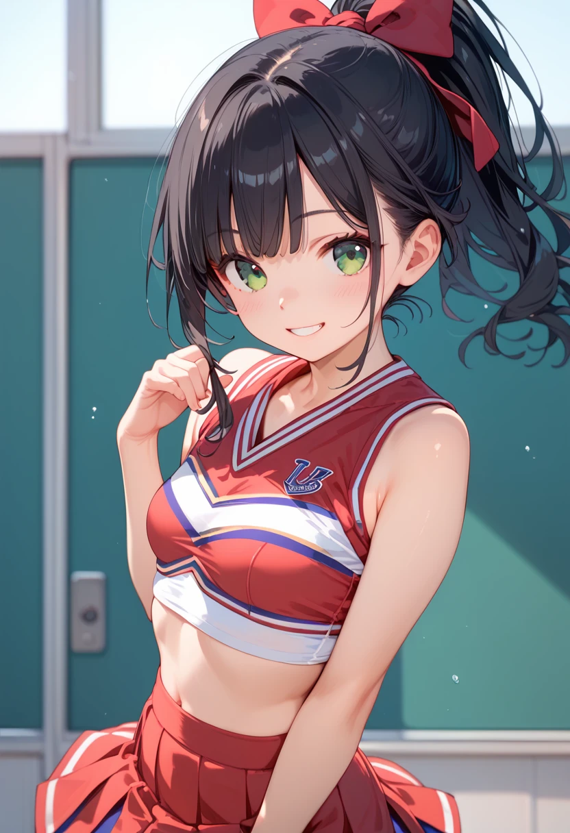 (Best Quality), High school girl, Black Hair,  ponytail on background, Emerald green eyes, smile, If you look at this,  High Resolution , Beautiful girl with perfect body , Young face, Medium Breast, Cheerleader, I&#39;m rooting for you, playground