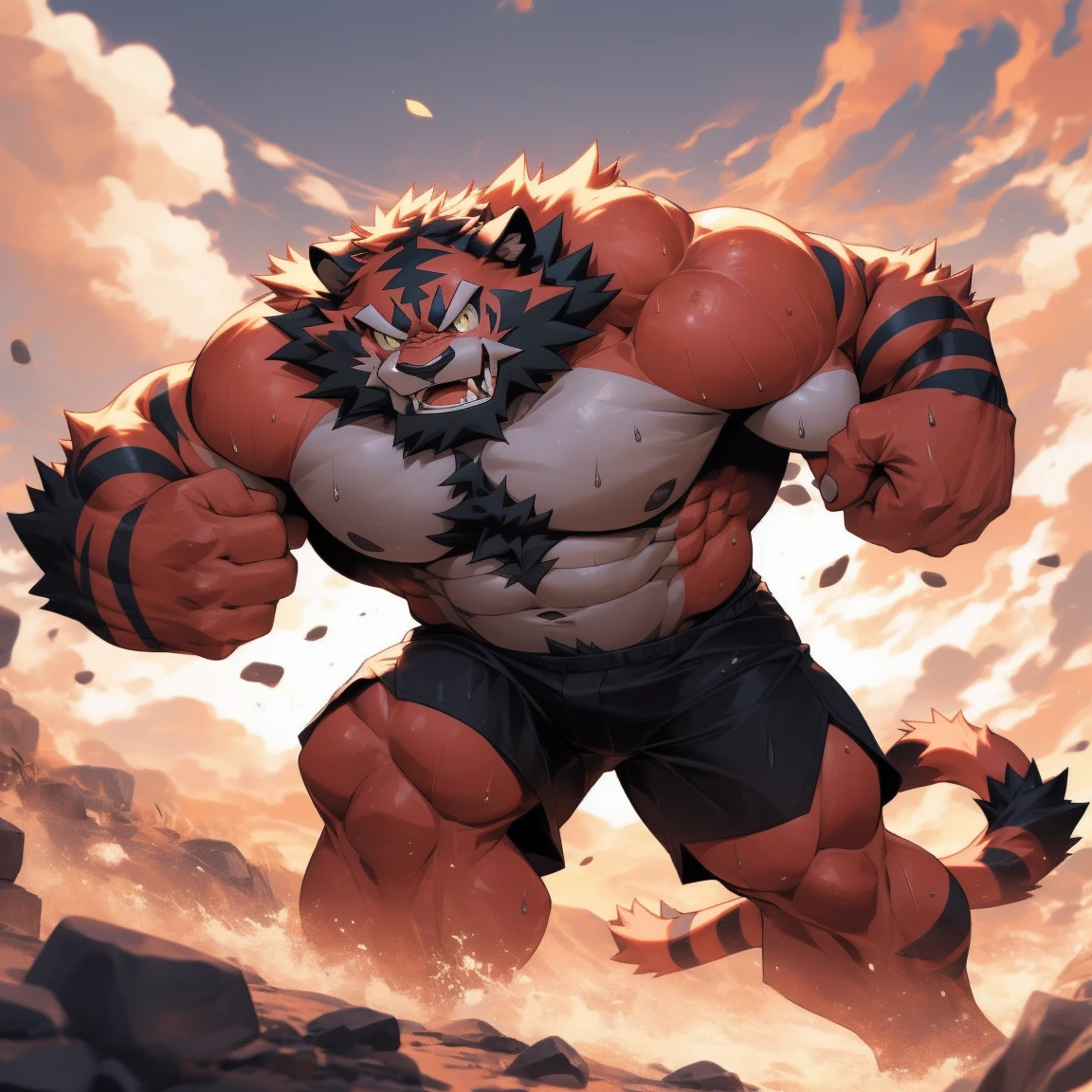 hairy, incineroar, male, full body picture,, shorts, sweat, hilltop view, dynamic poses, detailed background, Very detailed, lifelike, masterpiece, shirtless