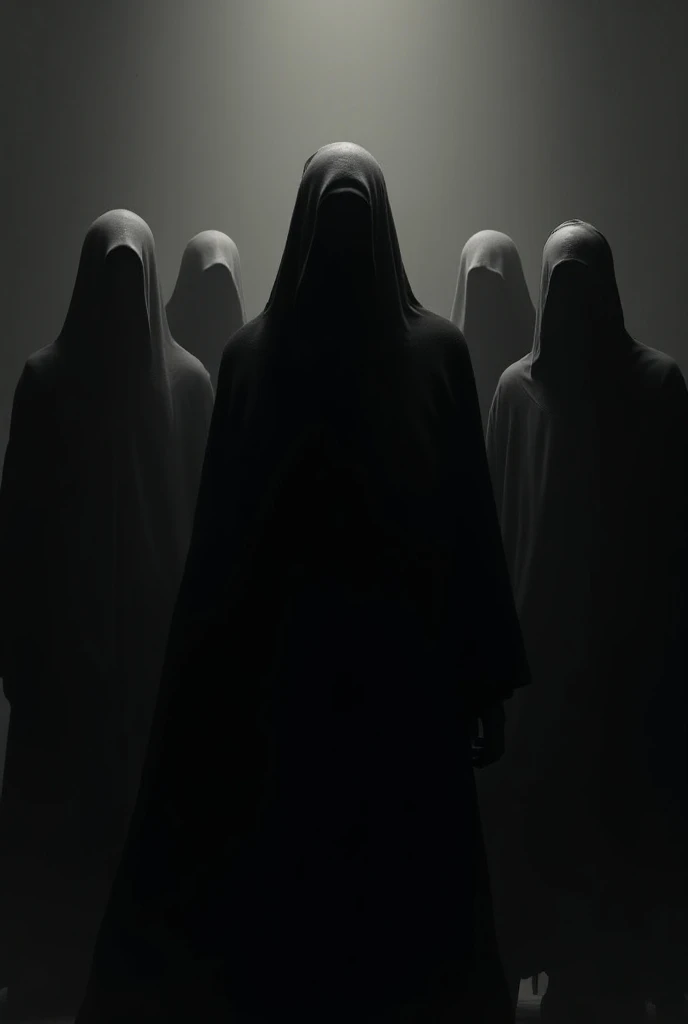 People in black robes facing each other with their backs to people in white robes, bright colored background.