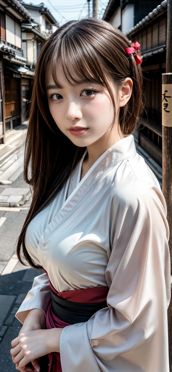 professional lighting,(Photoreal:1.4), (Top image quality:1.0), (超A high resolution:1.0), 8k, Raw photography, (masterpiece:0.2), (Pueros face_v1:0.5)、(highest quality Detail:1.2)、realistic、8k UHD、High resolution、(1 girl:1.2)、Super detailed、High quality textures、intricate details、detailed、Very detailed CG、High quality shadows、detailed Beautiful and delicate face、Beautiful details and delicate eyes、(symmetrical eyes:1.2),Depth of the bounds written、ray tracing,1 girl, japanese girl,cute, large breasts, Portrait of a beautiful Japanese woman wearing a kimono, Standing elegantly on a street corner in Kyoto. A kimono with bright traditional patterns, Hair decorated with an elegant and delicate hairpin, and a gentle expression. (Against the backdrop of the old streets of Kyoto:1.4)、soft light on a spring afternoon、adds tranquility to the scene. Rendered in a realistic style with great attention to detail, High resolution images.sky porn, magic hour, (realistic:1.3), finely, quality, (table top:1.2), (realistic:1.2), (highest quality), (Complex details), dramatic, ray tracing, photograph, +roller