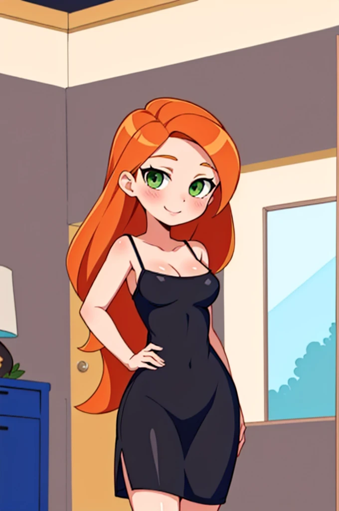 (kim possible:1.3), long hair, green eyes, (black spaghetti strap dress:1.3), blush, medium breasts, orange hair, black spaghetti strap dress, bare arms, bare neck, indoors room, standing up, sexy eyes, smile, Masterpiece, best quality, detailed background, intricate details, detailed, looking at viewers, cowboy shot