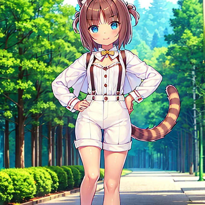  best quality、8k、Ultra-precision imaging 、One Girl、Brown Skin、blue eyes、Brown Hair、Cat ears and tail、Small breasts、white shirt with brown suspenders、 denim hot pants 、 white sneakers 、Bright Forest、 fun vibe