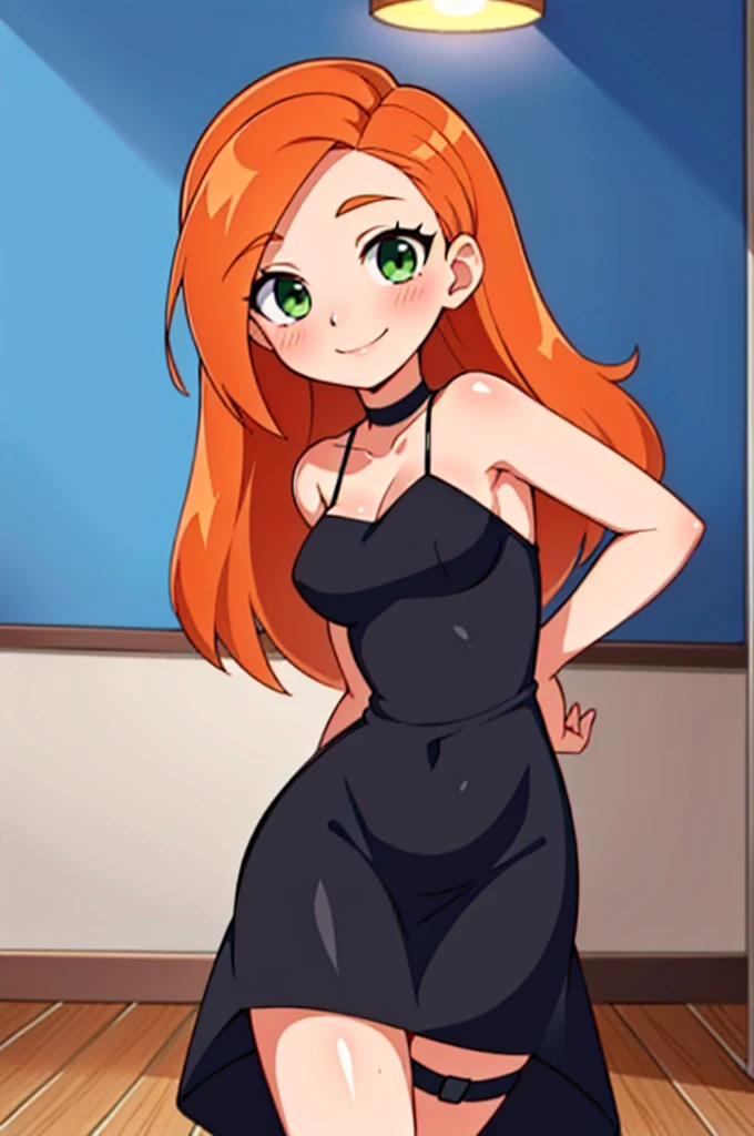 (kim possible:1.3), long hair, green eyes, (black spaghetti strap dress:1.3), blush, medium breasts, orange hair, black spaghetti strap dress, bare arms, bare neck, indoors room, standing up, sexy eyes, smile, Masterpiece, best quality, detailed background, intricate details, detailed, looking at viewers, cowboy shot
