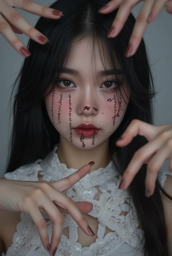 halloween_beauty, a Cambodian woman as a haunted doll, with stitched patterns on her lips, surrounded by floating hands, her expression eerily calm.