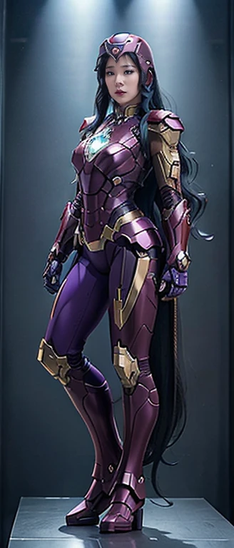 Full Body Photo. Standing in a full height. Studio Background. 8k HD good quality image. Tiffany Young from SNSD has an ideal body, big breast, big butt, sexy wavy body, straight long hair, wearing a COLOURED Purple Iron Man armor without the helmet. Purple Iron pants. Blue Iron Boots. Mechanical big Purple hands. FULL BODY FROM HEAD TO TOE. Standing in a FULL HEIGHT FROM HEAD TO TOE. 

The picture must show a complete head to toe picture of Tiffany