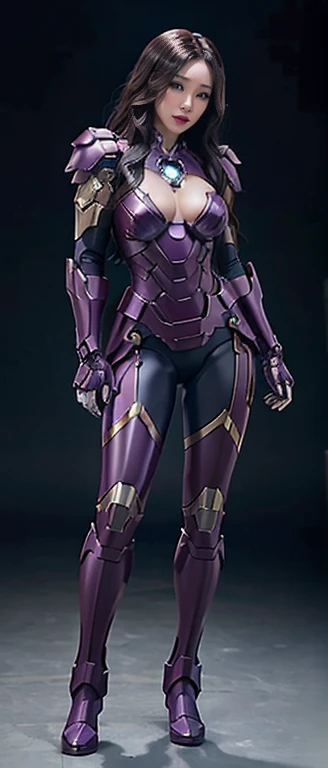 Full Body Photo. Standing in a full height. Studio Background. 8k HD good quality image. Tiffany Young from SNSD has an ideal body, big breast, big butt, sexy wavy body, straight long hair, wearing a COLOURED Purple Iron Man armor without the helmet. Purple Iron pants. Blue Iron Boots. Mechanical big Purple hands. FULL BODY FROM HEAD TO TOE. Standing in a FULL HEIGHT FROM HEAD TO TOE. 

The picture must show a complete head to toe picture of Tiffany