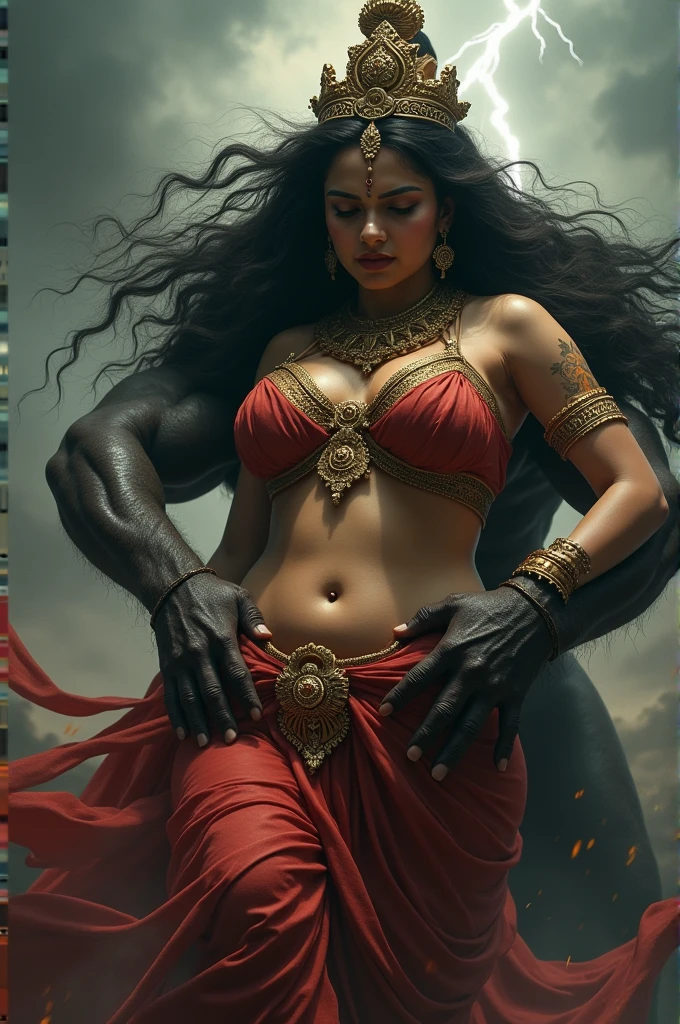 Highly detailed image,lord ram has sexually possession,with legs position behind the goddess splash ganga from behind, squeezing her breast. ebony goddess hot cleavage durga with her tongue out, with ten arms, holding asur heads in the hands, while