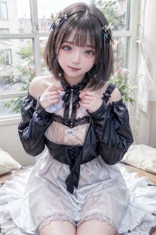 (Realistic, photo-Realistic:1.37), Unbelievably absurd, (Very detailed:1.3), 8K, (masterpiece), (Highest quality:1.4), (Ultra-high resolution:1.2), (RAW Photos:1.2), Very detailed背景, (unity 8K wallpaper), 1 nogizaka girl, very cute, (bishojo:1.35), (17yo:1.4 (white, Black and pink mine fashion), (Delicate and beautiful face, eye, skin), (Beautiful dress with intricate details), Gothic Maid, (Open chest), (Thick black shiny hair), (Elegant frills), (Blue rose hair accessory), (Smiling for the camera), whole body, Street view, Professional Lighting, 1 Girl, (Light pink hair)