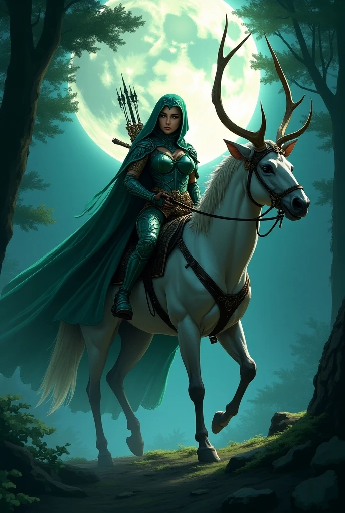 generate an image of an elf with a sword, mounted on a black horse, the background is in a mystical forest, body, face and other parameters of the image must have the identical symmetry of a real human being