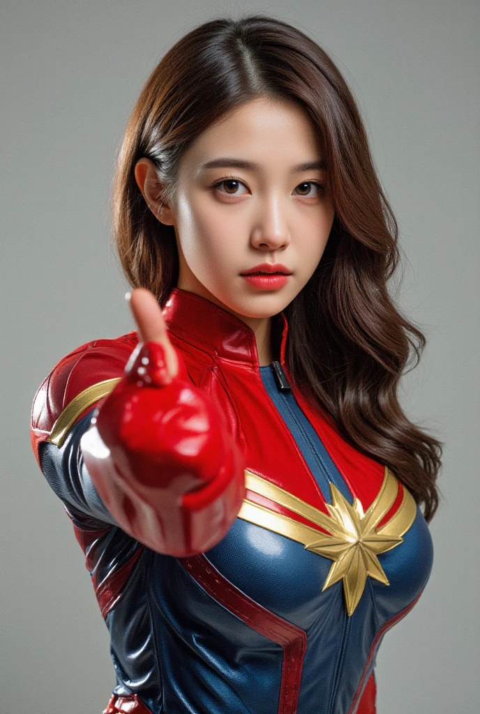 A cute Korean girl cosplaying as Captain Marvel, a Marvel Comics character. Her breasts are big and beautiful. She is looking at the viewer while striking a fighting pose, film photo