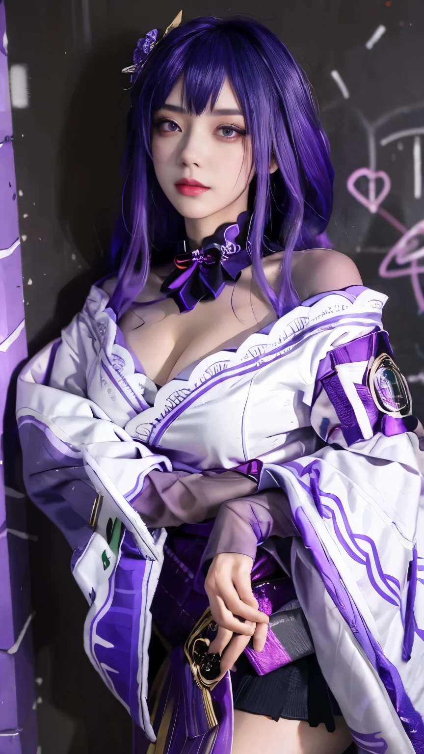 (masterpiece, best quality, 1girl, solo, intricate details, chromatic aberration), realistic, ((medium breath)),long hair, purple hair, purple head ornament, purple highlights, hair over one eye, green eyes, sharp eyes, choker, neon shirt, torn legwear, open jacket, turtleneck sweater, against wall, brick wall, graffiti, dim lighting, alley ,look at viewer,