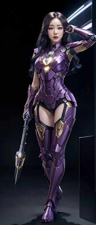 Full Body Photo. Standing in a full height. Studio Background. 8k HD good quality image. Tiffany Young from SNSD has an ideal body, big breast, big butt, sexy wavy body, straight long hair, wearing a COLOURED Purple Iron Man armor without the helmet. Purple Iron pants. Blue Iron Boots. Mechanical big Purple hands. FULL BODY FROM HEAD TO TOE. Standing in a FULL HEIGHT FROM HEAD TO TOE. 

The picture must show a complete head to toe picture of Tiffany