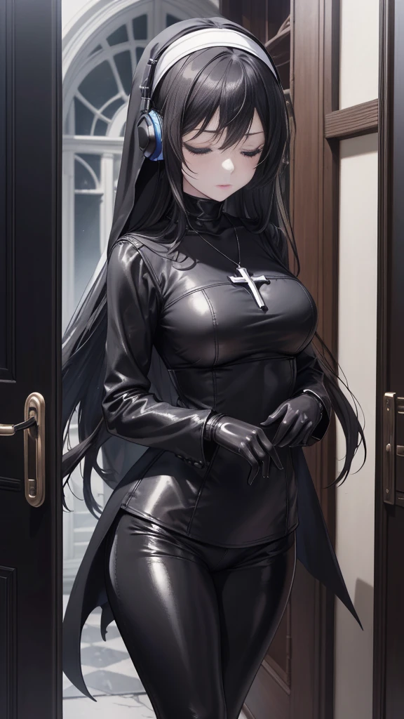 Striped hair,whaite hair,french braid, mismatched pupils, Chiaroscuro,illuminating, Gothic art, 16k, Best quality, Anatomically correct, High details，lewd nun，Leather bandages，Metal chains，leg loops，Blindfolds，huge tit，(areola of breast)