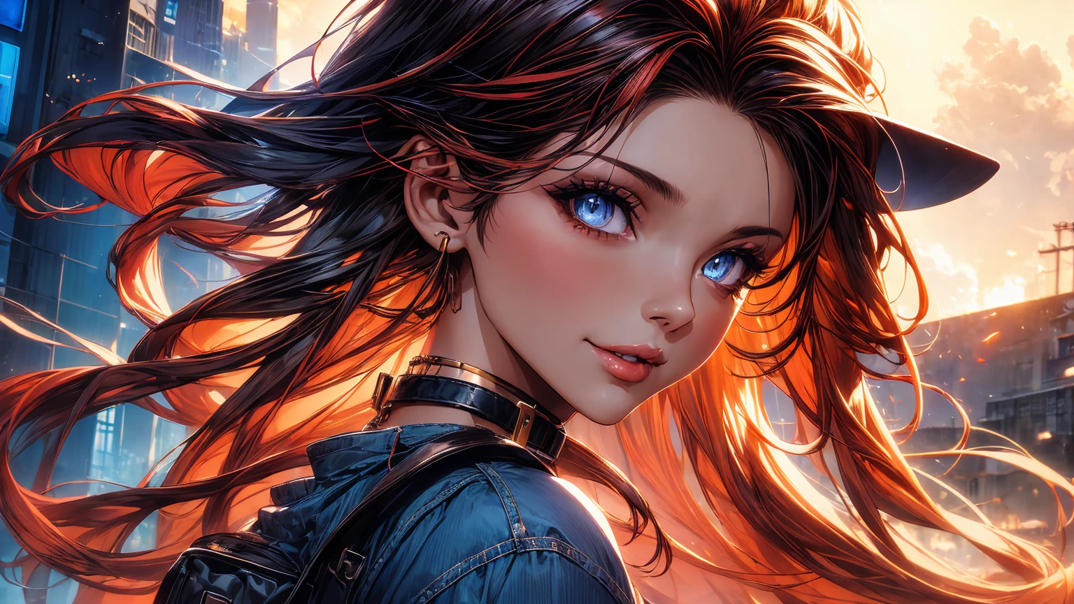 This ultra-detailed illustration features a stunning European university woman, elegantly portrayed in a modern anime style. She has chic, auburn hair neatly pinned with stylish clips. Her vibrant blue eyes sparkle with mischief and vitality, and her flirty smile exudes charm and confidence. She radiates youthful energy and beauty, reminiscent of Asuka from Neon Genesis Evangelion and Megan Fox. She is dressed in a trendy outfit: a fashionable cropped top that offers a glimpse of her toned midriff, perfectly paired with high-waisted jeans that hug her curves. The look is accessorized to perfection with a choker necklace and a small, chic backpack slung over one shoulder. Set against an urban backdrop with a wall covered in pop art graffiti, the scene captures the essence of contemporary city life. The image is rendered in 4K resolution with high-quality computer graphics, blending elegant and casual fashion elements. The lighting is a mix of chiaroscuro, golden hour, studio, and natural volumetric lighting, creating a warm and inviting color palette. The highly detailed face, eyes, lips, and realistic skin tones are enhanced with intricate details, making the character photorealistic and lifelike. This beautiful modern anime character, with her combination of elegance, charm, and contemporary style, is depicted in an image that captures her in a moment of captivating beauty and sophistication.