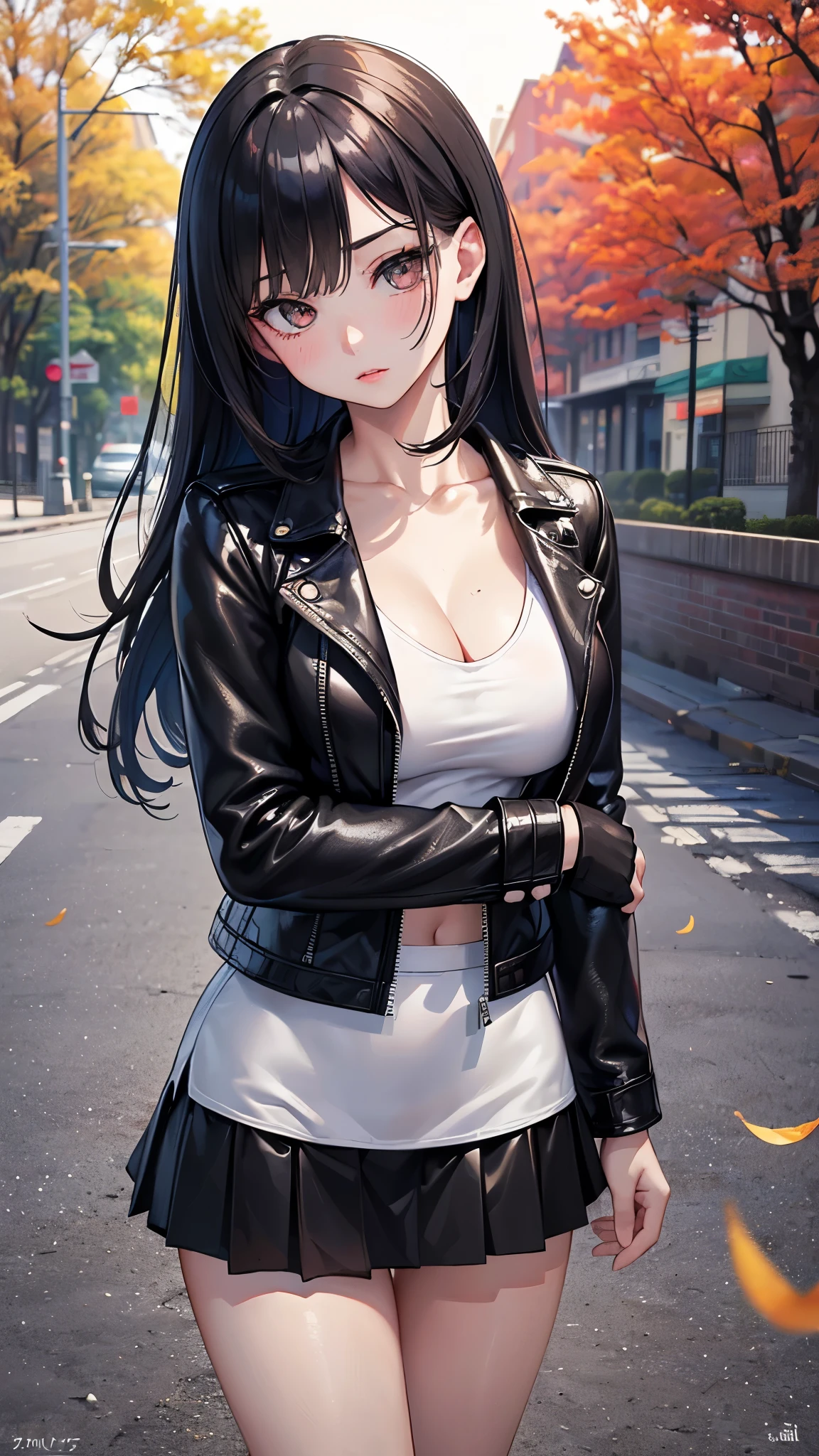 (masterpiece, 最high quality, 超 High Resolution , very detailed), (Realistic:1.1, photoRealistic:1.4), Perfect illustration, perfect lighting,Perfectly detailed hair, Perfect and exquisite face, Perfect collarbone, perfect bodies ,Juicy breasts、View your audience, 1 person, perfect face, ( Perfect Anatomy, full body standing picture depicting an anatomically correct ), Symmetrical face、((Shiny Hair)), sexy body 、(masterpiece),(最high quality:1.3),8k,Very clear,( super real),Captivating woman,(high quality, High Resolution , Sex), Realisticなスタイルの女性,Juicy breasts、Perfect Woman、 perfect face、Symmetrical face、blush、((Juicy lips))、( medium hair 、Black Hair))、((Double black narrow eyes 、 long lashes))、(Makeup)、((leather jacket、White innerwear))、((Tight skirt))、(Outdoor、Tree-lined street、autumn leaves)