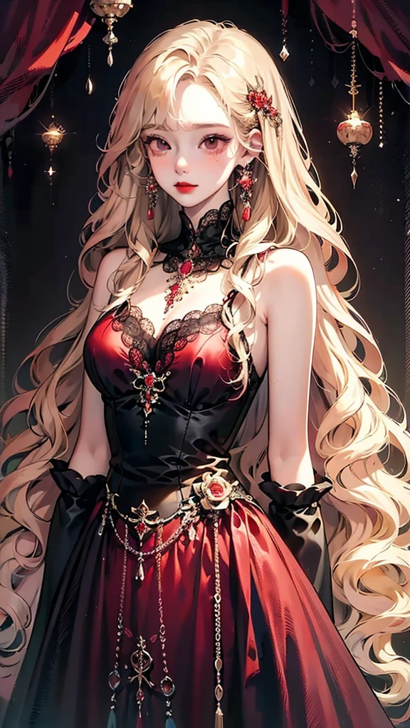 a beautiful woman with absurdly long blonde hair, red eyes, big breast, red lipstick, wearing a rococo dress with a red corset with black lace, a wide red skirt with lots of black lace and ruby ​​inserts,  ong and thin black winter cape with fleece, elbow black gloves, royalty, red and translucent butterflies around, an anime drawing inspired by Yanjun Cheng, Pisif, Fantasy art, blonde flowing hair, Long curly blobde hair, Guviz, a beautiful anime portrait, Guviz-style artwork, in the art style of bowater, Anime girl with long hair, blonde wavy hair, Beautiful anime style