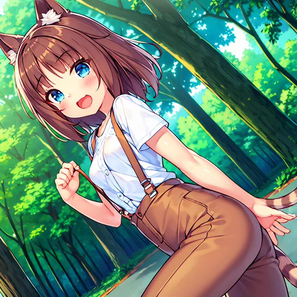  best quality、8k、Ultra-precision imaging 、One Girl、Brown Skin、blue eyes、Brown Hair、Cat ears and tail、Small breasts、white shirt with brown suspenders、 denim hot pants 、 white sneakers 、Bright Forest、 fun vibe