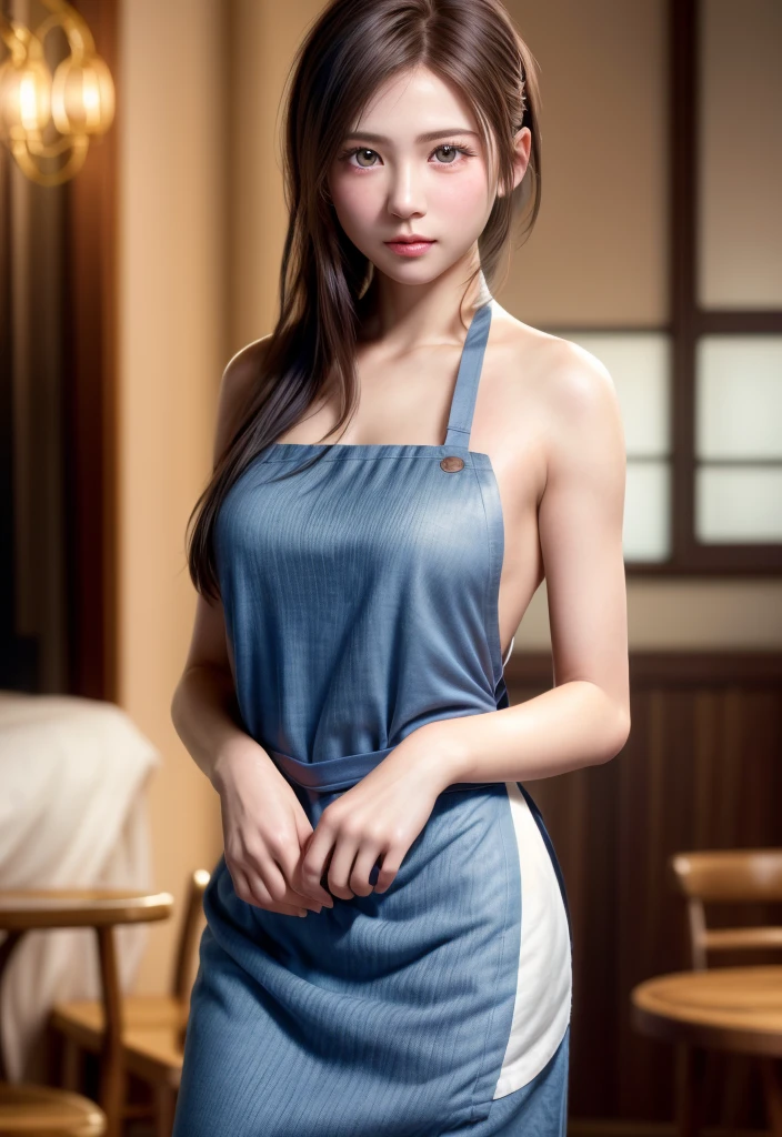 8K, of the highest quality, masutepiece:1.2), (Realistic, Photorealsitic:1.37), of the highest quality, masutepiece, Beautiful young woman, Pensive expression, Gentle eyes, Apron naked、Lovers、Hair tied back, Messy mood, Cinematic background, Light skin tone