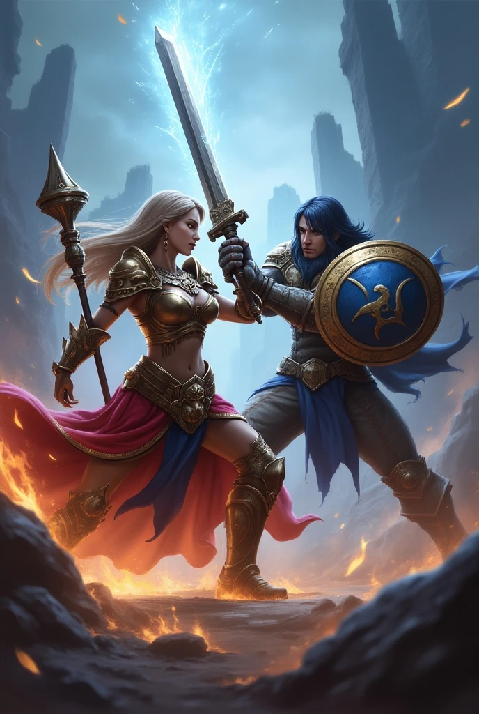 a female warrior, fantasy, ornate chainmail armor, lots of protective colorful clothing, wielding a Warhammer Bolter, detailed facial features, expressive eyes, dramatic lighting, cinematic perspective, intricate armor details, vibrant colors, epic fantasy scene, muscular female figure, heroic pose, scifi elements, detailed textures, photorealistic, 8k, best quality, masterpiece