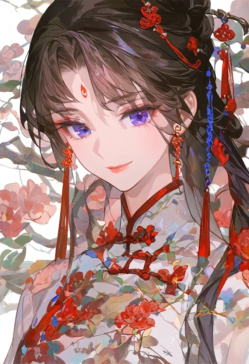 ,qipao,1girl,solo,(artist:king_( sanbonzakura)),artist:kinga_76,artist: fuzichoco ,[artist:ask_(askzy)],[[artist:Ciloranko]],year 2023, upper body,white background,smile,
