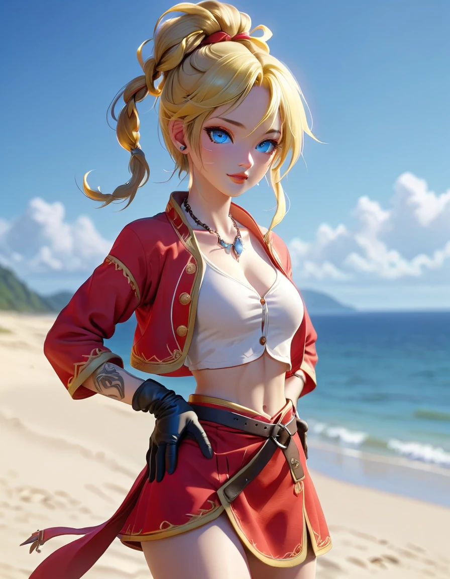 score_9, score_8_up score_7_up, (leg focus), (viewed from slightly below:1.27), ((mature face)), blue eyes, warm smile, 20 years old, yellow hair in a high braided ponytail, (small bust:1.42), navel, standing on white sand beach, fitted jacket 3/4 cropped (red), ((nude torso under jacket)) , form fitting micro skirt (red), ((skirt is partially open)), (yellow pubic hair peeks out of her skirt:1.37), (wearing loose leather boots), (wearing ankle wraps), detailed face, detailed eyes, detailed lips, highly detailed hands, 8k, UHD, cinematic lighting, vivid colors, dramatic shadows, masterpiece, award winning art, (full length portrait:1.37), (wide angle:1.37), (kdecc, ponytail, (facial tattoo), necklace, red vest, midriff, red skirt, gloves), mix make up