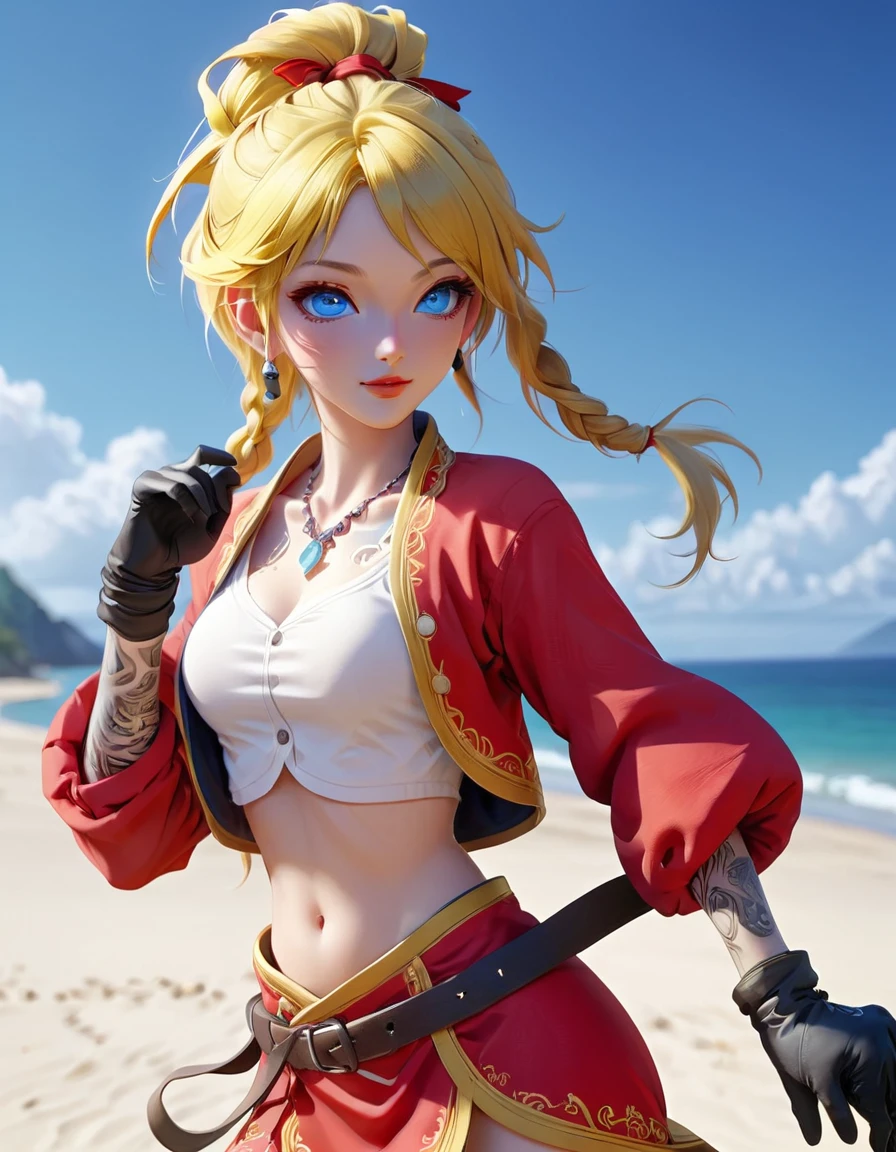 score_9, score_8_up score_7_up, (leg focus), (viewed from slightly below:1.27), ((mature face)), blue eyes, warm smile, 20 years old, yellow hair in a high braided ponytail, (small bust:1.42), navel, standing on white sand beach, fitted jacket 3/4 cropped (red), ((nude torso under jacket)) , form fitting micro skirt (red), ((skirt is partially open)), (yellow pubic hair peeks out of her skirt:1.37), (wearing loose leather boots), (wearing ankle wraps), detailed face, detailed eyes, detailed lips, highly detailed hands, 8k, UHD, cinematic lighting, vivid colors, dramatic shadows, masterpiece, award winning art, (full length portrait:1.37), (wide angle:1.37), (kdecc, ponytail, (facial tattoo), necklace, red vest, midriff, red skirt, gloves), mix make up