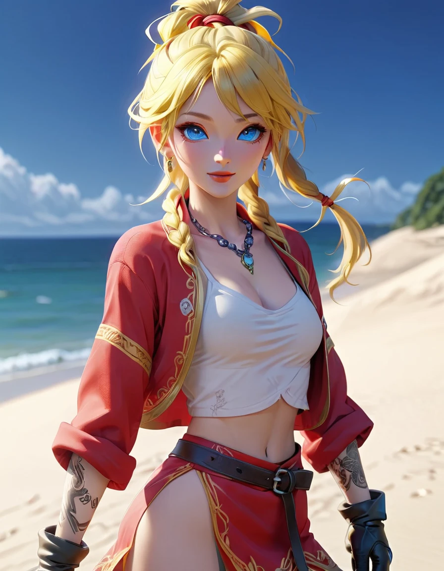 score_9, score_8_up score_7_up, (leg focus), (viewed from slightly below:1.27), ((mature face)), blue eyes, warm smile, 20 years old, yellow hair in a high braided ponytail, (small bust:1.42), navel, standing on white sand beach, fitted jacket 3/4 cropped (red), ((nude torso under jacket)) , form fitting micro skirt (red), ((skirt is partially open)), (yellow pubic hair peeks out of her skirt:1.37), (wearing loose leather boots), (wearing ankle wraps), detailed face, detailed eyes, detailed lips, highly detailed hands, 8k, UHD, cinematic lighting, vivid colors, dramatic shadows, masterpiece, award winning art, (full length portrait:1.37), (wide angle:1.37), (kdecc, ponytail, (facial tattoo), necklace, red vest, midriff, red skirt, gloves), mix make up